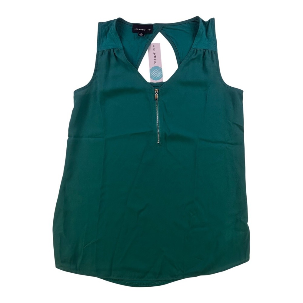 Fortune + Ivy Green Sleeveless Zip Front Blouse XS Stitch Fix NWT
